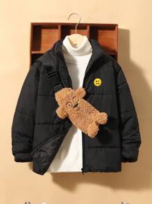 SHEIN 小男孩卡通贴花细节衬垫外套和蓬松斜挎包 - 黑色 - 查看 1