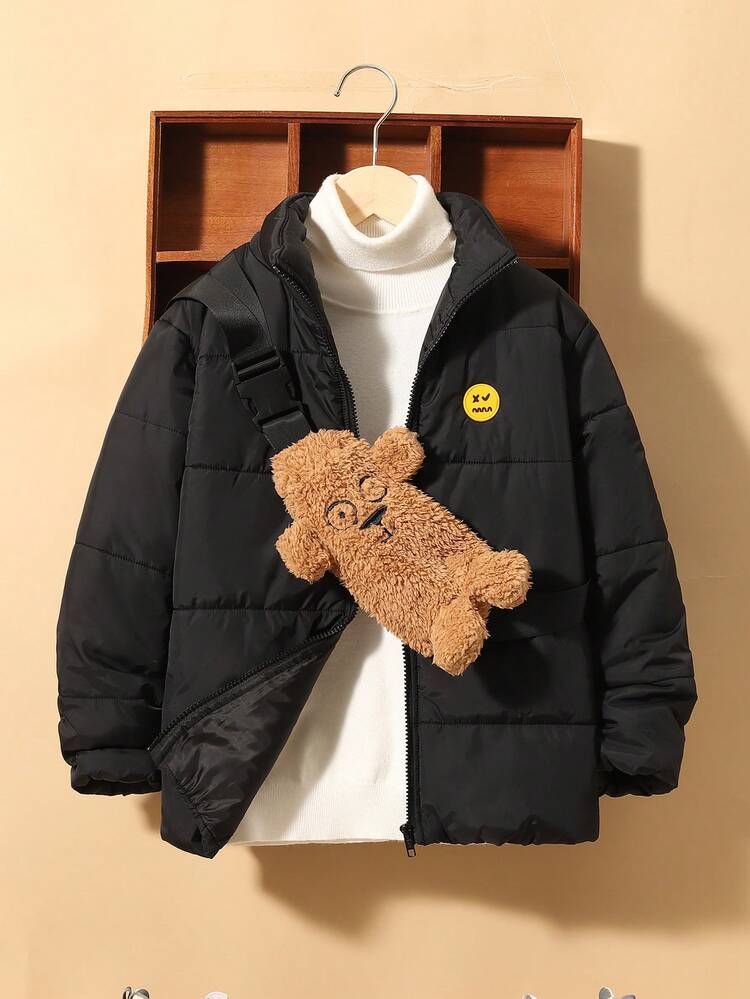 Tween Boy Cartoon Patched Detail Padded Coat & Fluffy Crossbody Bag