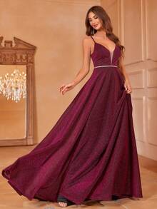 Faeriesty Elegante vestido de noche de gala con tirantes de espagueti y lentejuelas, con escote en V profundo y panel transparente, vestido de noche formal para mujer con falda amplia en línea A y cinturón que define la cintura - perfecto para recepciones de boda, galas de alfombra roja, bailes de etiqueta, celebraciones de aniversario y retratos nupciales - Rojo violeta - Ver 7