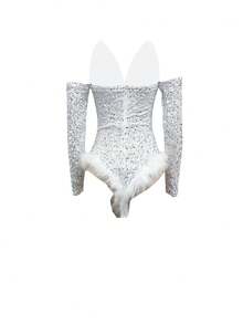 露肩毛絨飾邊亮片連體衣 - 白色 - 查看 4