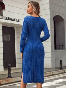 Đầm len lưng dài cổ tròn (Hoa văn ngẫu nhiên) - Xanh đậm - Xem 2