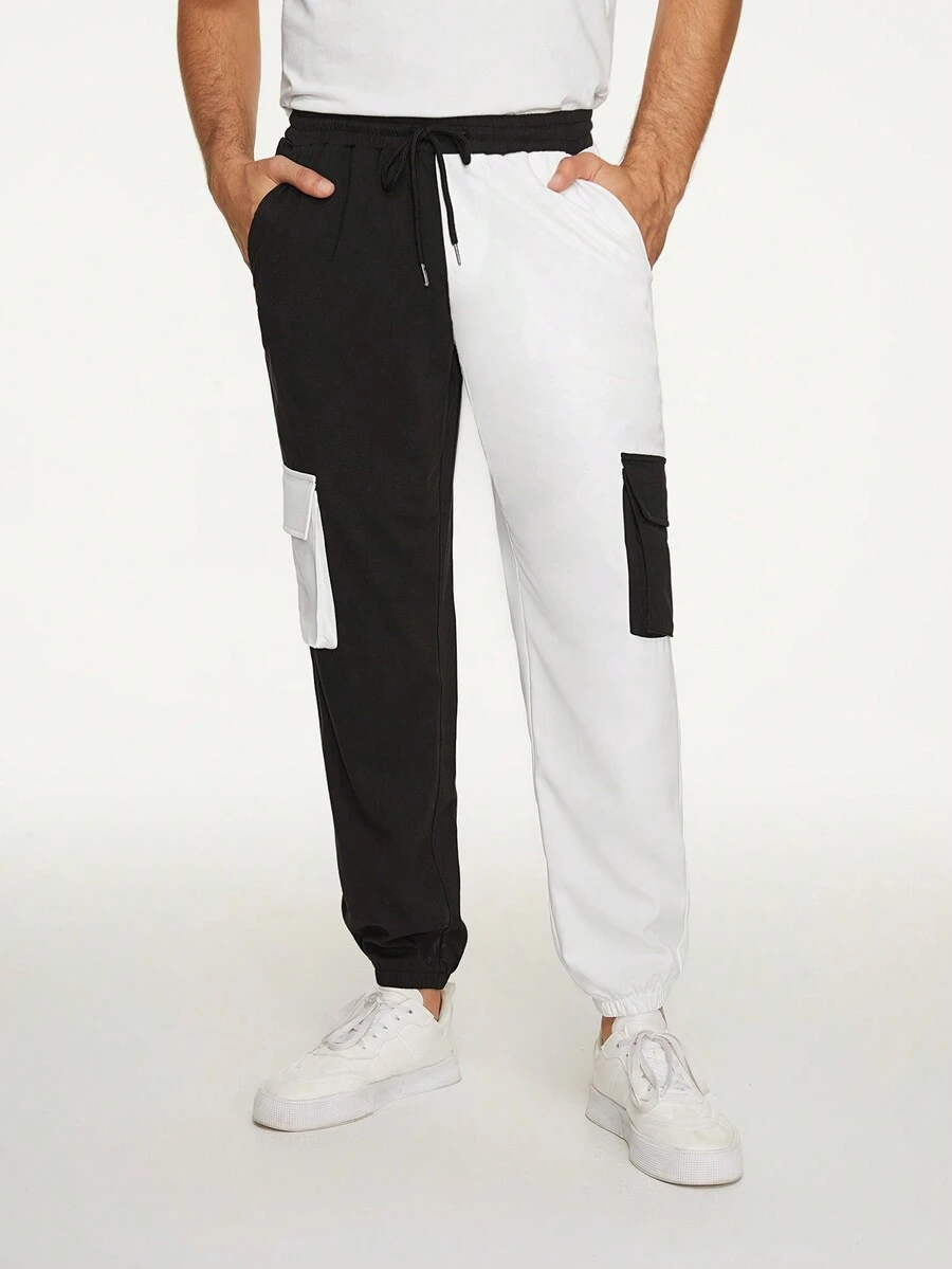 GENTILAND Hombres Pantalones cargo de dos tonos con bolsillo lateral con solapa de cintura con cordón - Blanco y Negro - Ver 1