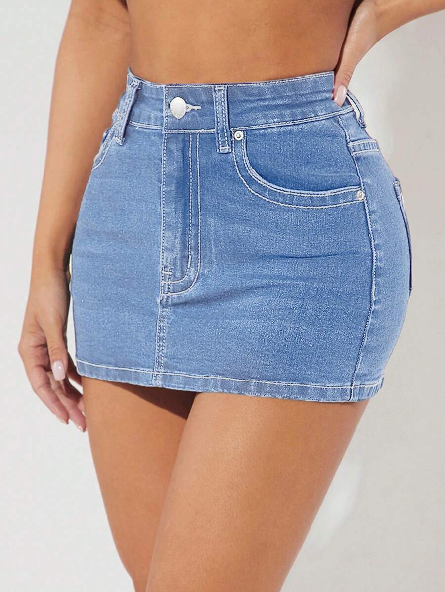 SHEIN PETITE تنورة جينز ضيقة - أزرق فاتح - مشاهدة 1