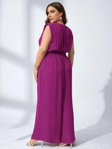 Chikora Plus Solid Shoulder Padded Wide Leg Jumpsuit - Hot Pink - View 3