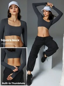 GLOWMODE Ribbed Modal Square Neck Long Sleeve Ultra Crop Top With Thumbhole - Iron Gray - View 4
