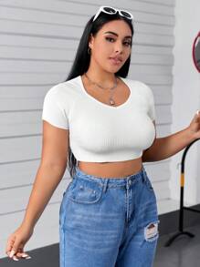 SHEIN EZwear Plus Sweetheart Neck Crop Knit Top - White - View 5