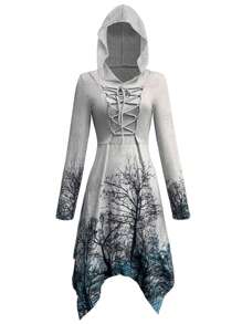 SHEIN Essnce Tree Print Lace Up Front Asymmetrical Hem Hooded Dress - Grey - View 1