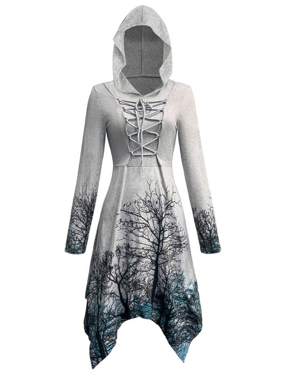 SHEIN Essnce Tree Print Lace Up Front Asymmetrical Hem Hooded Dress - Grey - View 1