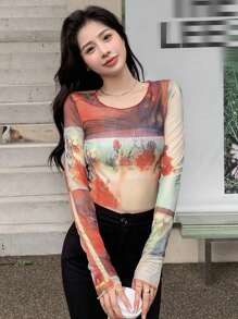 Tie Dye Lettuce Trim Mesh Top - Multicolor - View 1
