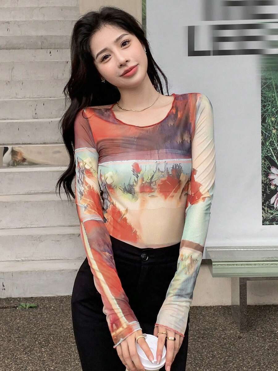 Tie Dye Lettuce Trim Mesh Top - Multicolor - View 1