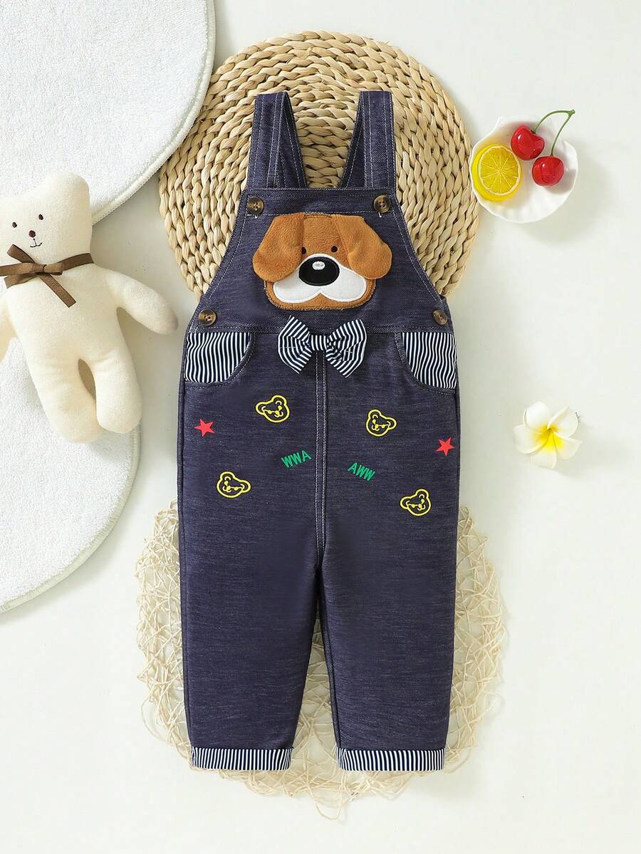 SHEIN 男嬰狗狗刺繡前蝴蝶結背帶連身褲 - 彩色 - 查看 1