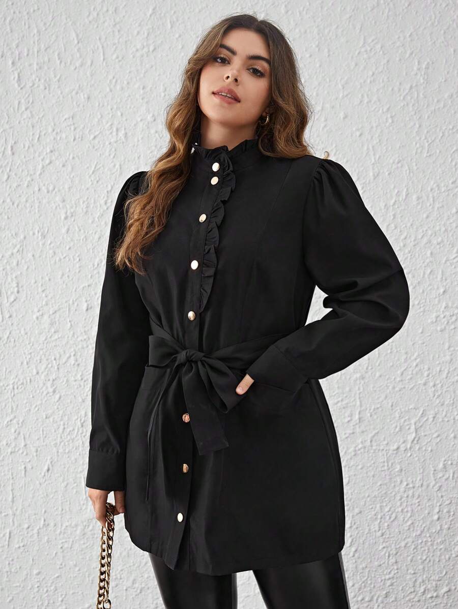 SHEIN Clasi Plus Ruffle Trim Belted Coat - Black - View 1