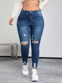 SHEIN EZwear Plus Ripped Raw Cut Skinny Jeans