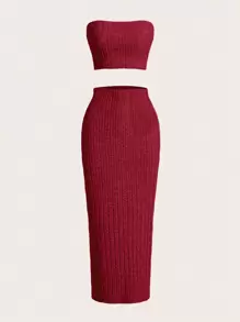 SHEIN EZwear Solid Tube Top & Skirt - Rose Red - View 1