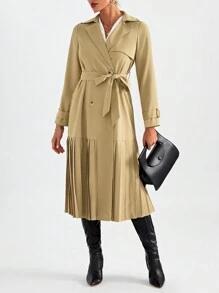 SHEIN Privé Đôi ngực Viền xếp Thắt lưng Áo khoác Trench - Màu Khaki - Xem 2
