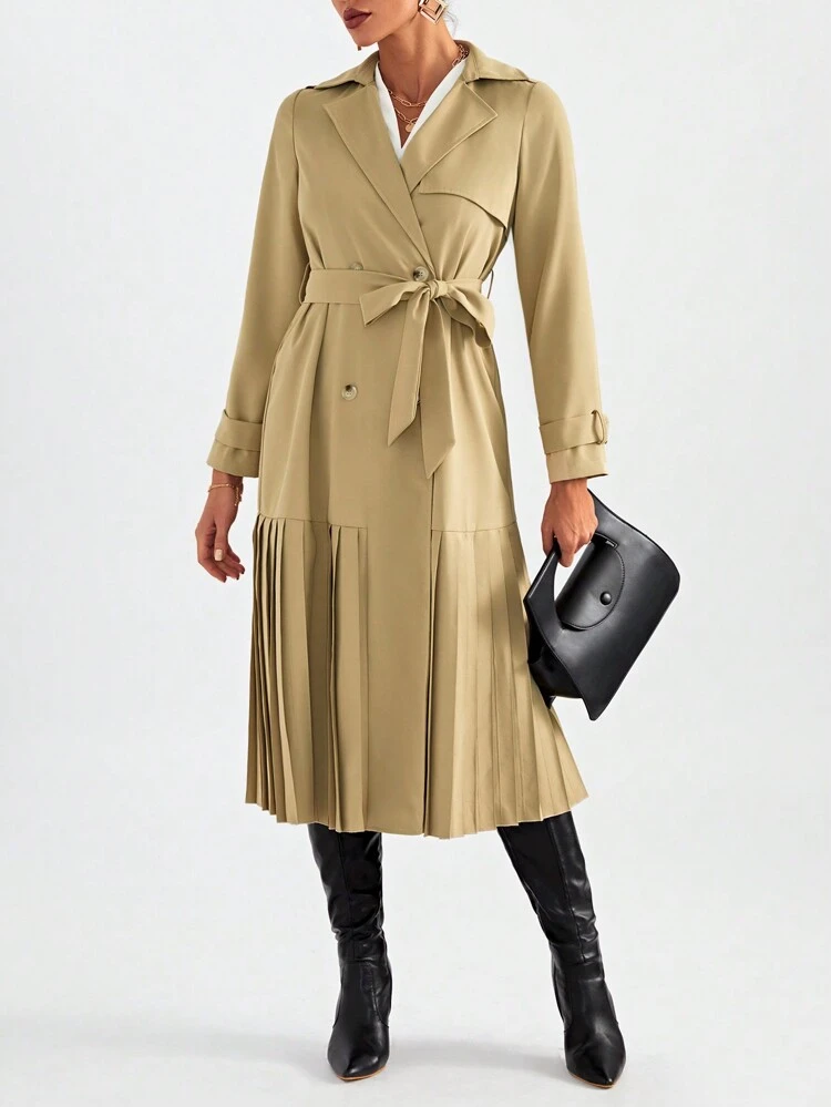 Double Breasted Pleated Hem Belted Trench Coat