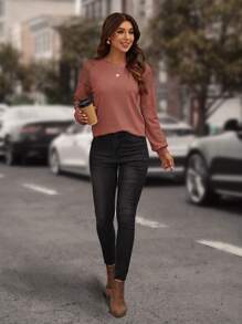 SHEIN LUNE 蕾絲拼接插肩袖T恤 - 粉色 - 查看 4