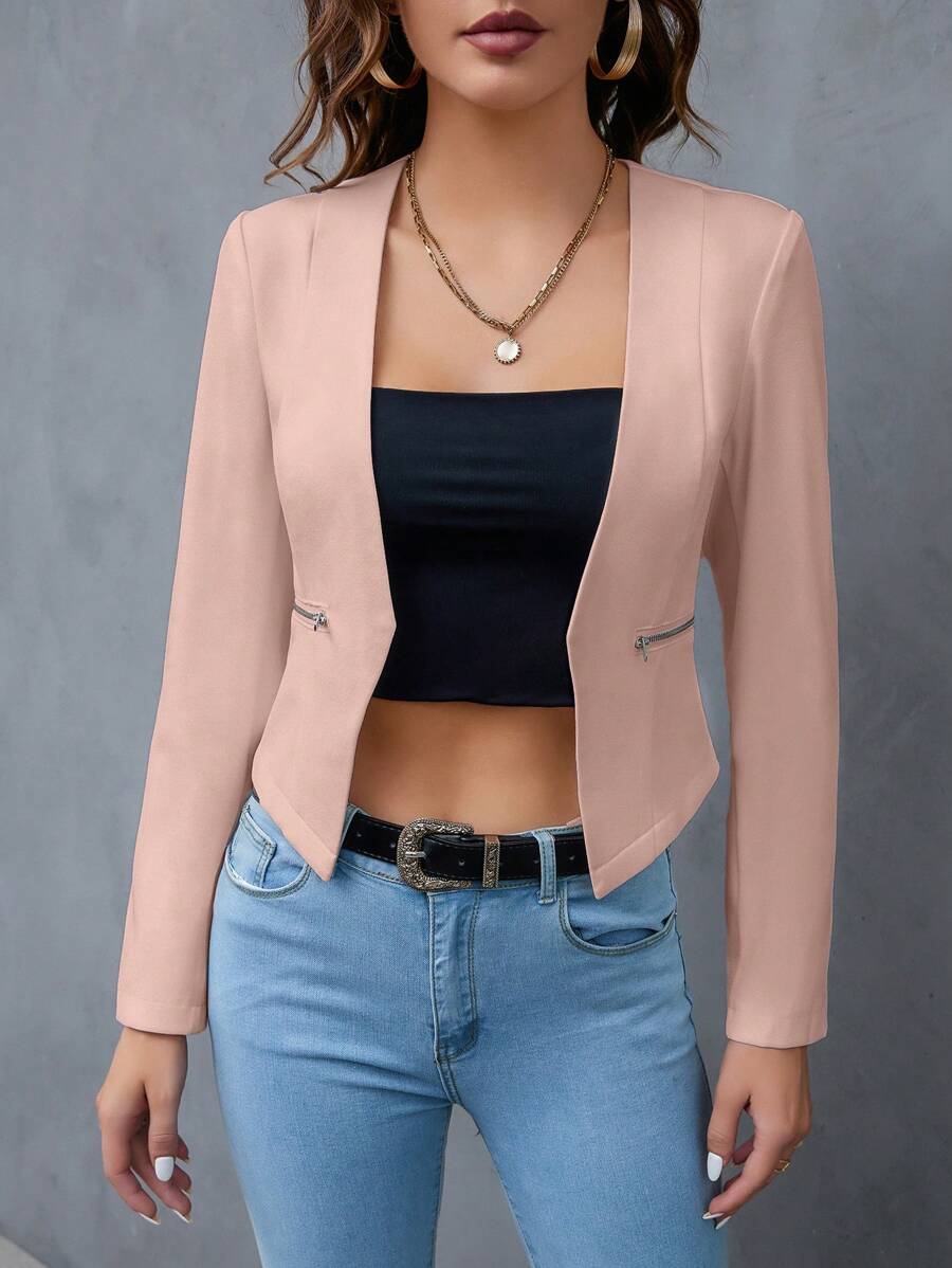 SHEIN Privé Blazer corto de trabajo con frente abierto para mujer en otoño/invierno - Rosa - Ver 1