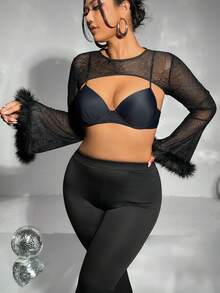 SHEIN ICON Plus Fuzzy Cuff Super Crop Top Without Bra - Black - View 4