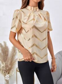 SHEIN LUNE In Chevron Ống tay áo Cổ giả Áo sơ mi - Màu be - Xem 3