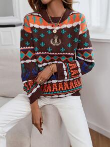 SHEIN LUNE Geo Pattern Drop Shoulder Sweater Knit Pullover Fall Winter Outfit - Multicolor - View 5