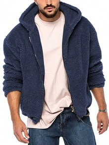 Hombres Cazadora teddy con cremallera con capucha - Azul - Ver 1