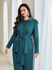 Modelyn Plus Puff Sleeve Knot Front Top & Wide Leg Pants - Blue - View 5