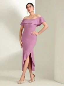 Modelyn Off Shoulder Ruffle Trim Split Thigh Dress - Purple - View 5