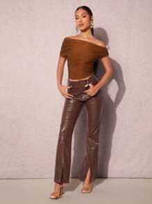 SHEIN BAE 一字肩側收褶短款上衣 - 咖啡棕 - 查看 3