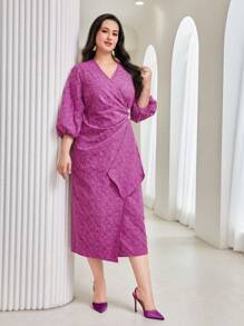 Modelyn Plus Lantern Sleeve Wrap Knot Side Dress Long Evening Dresses