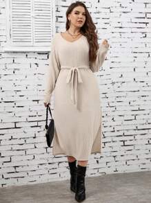 SHEIN LUNE 大碼下擺開叉T恤洋裝 - 杏色 - 查看 4