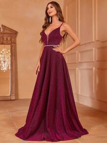 Faeriesty Elegante vestido de noche de gala con tirantes de espagueti y lentejuelas, con escote en V profundo y panel transparente, vestido de noche formal para mujer con falda amplia en línea A y cinturón que define la cintura - perfecto para recepciones de boda, galas de alfombra roja, bailes de etiqueta, celebraciones de aniversario y retratos nupciales - Rojo violeta - Ver 4