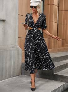 SHEIN Clasi 幾何印花腰部鏤空洋裝 - 黑與白 - 查看 3