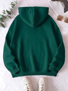 INAWLY 加大码熊猫印花口袋抽绳保暖卫衣，女士秋冬服装 - 墨綠色 - 查看 2
