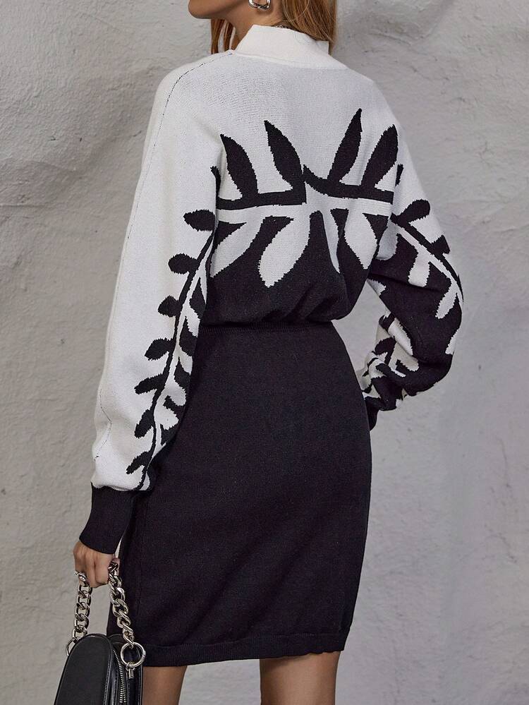 Leaf Pattern Batwing Sleeve Sweater Dress