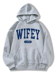 INAWLY Plus Letter Graphic Kangaroo Pocket Drawstring Thermal Hoodie, For Winter