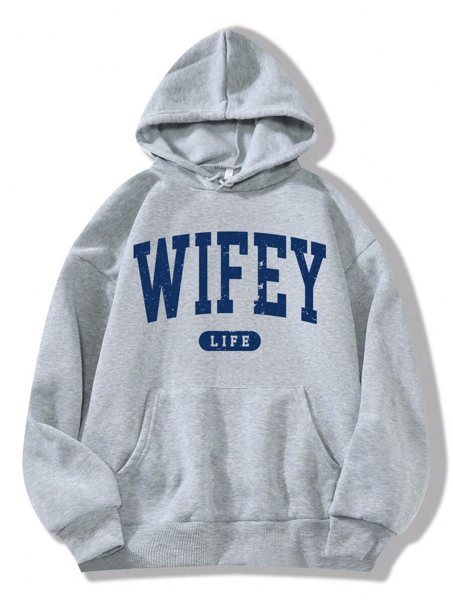 INAWLY Plus Letter Graphic Kangaroo Pocket Drawstring Thermal Hoodie, For Winter