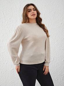 SHEIN Clasi Talla grande Camiseta ribete en forma de lechuga de manga farol tejido de canalé - Albaricoque - Ver 5