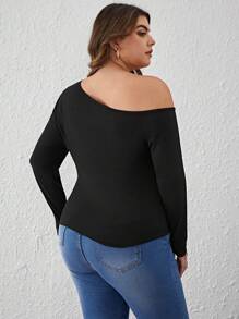 SHEIN Clasi 大碼素色不對稱領T恤 - 黑色 - 查看 2