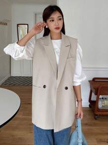 DAZY Áo blazer nữ màu trơn cổ ve lật, cài cúc đôi, không tay, thích hợp mặc đi làm, trang phục công sở mùa thu. - Màu be - Xem 4