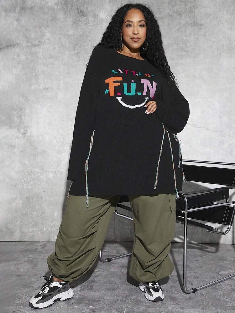 Plus Letter Pattern Batwing Sleeve Sweater
