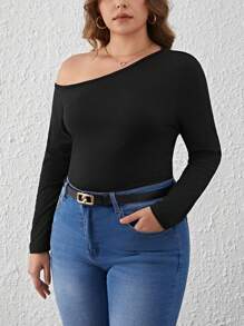 SHEIN Clasi 大碼素色不對稱領T恤 - 黑色 - 查看 3