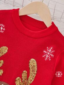 SHEIN Tween Girl Christmas Elk & Snowflake Pattern Sweater,In Fall/Winter - Multicolor - View 4