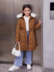 SHEIN Tween Girl Fuzzy Trim Hooded Drawstring Waist Padded Coat