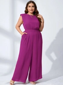 Chikora Plus Solid Shoulder Padded Wide Leg Jumpsuit - Hot Pink - View 5