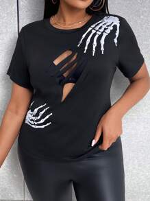 Celure 加上万圣节骷髅印花镂空 T 恤图案 T 恤女式上衣 - 黑色 - 查看 3
