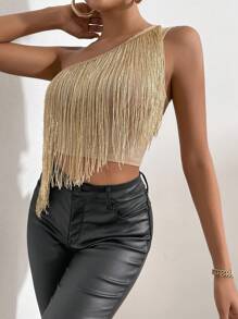 SHEIN Allurite One Shoulder Fringe Trim Crop Top