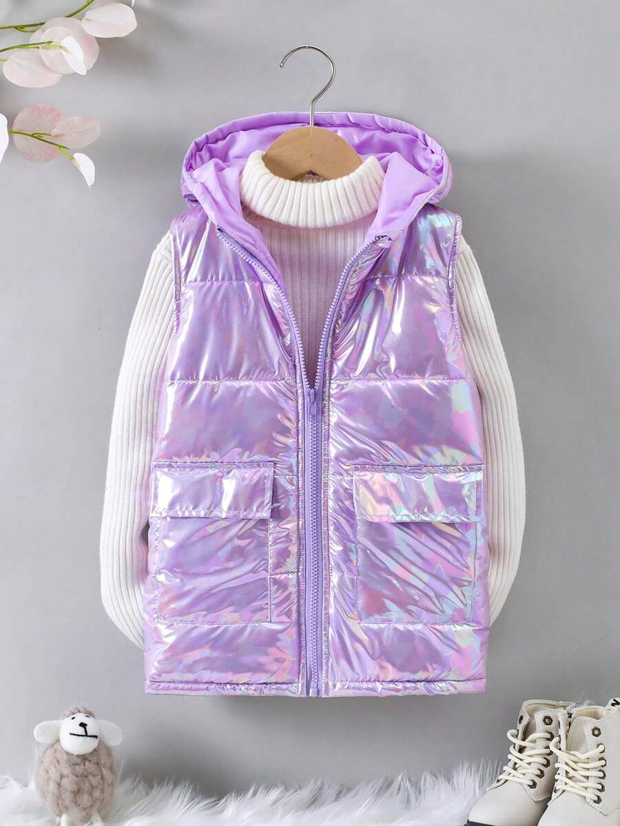 SHEIN 年轻女孩 1 件装翻盖口袋拉链连帽全息背心加厚外套 - 淡紫色 - 查看 1