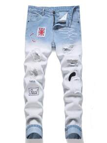 Teen Boy's Summer Breathable Color Block Sea Salt Blue Distressed Print Denim Jeans - Light Wash - View 1