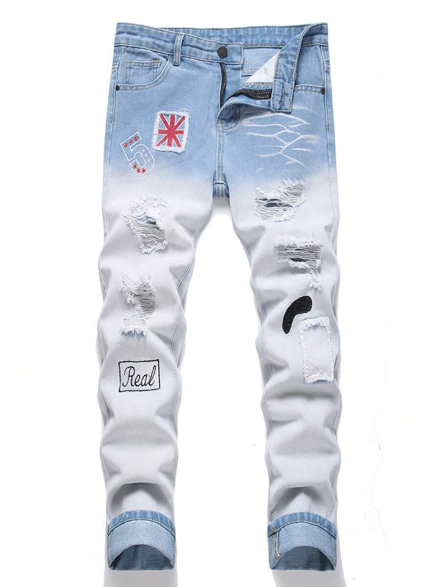 Teen Boy's Summer Breathable Color Block Sea Salt Blue Distressed Print Denim Jeans - Light Wash - View 1